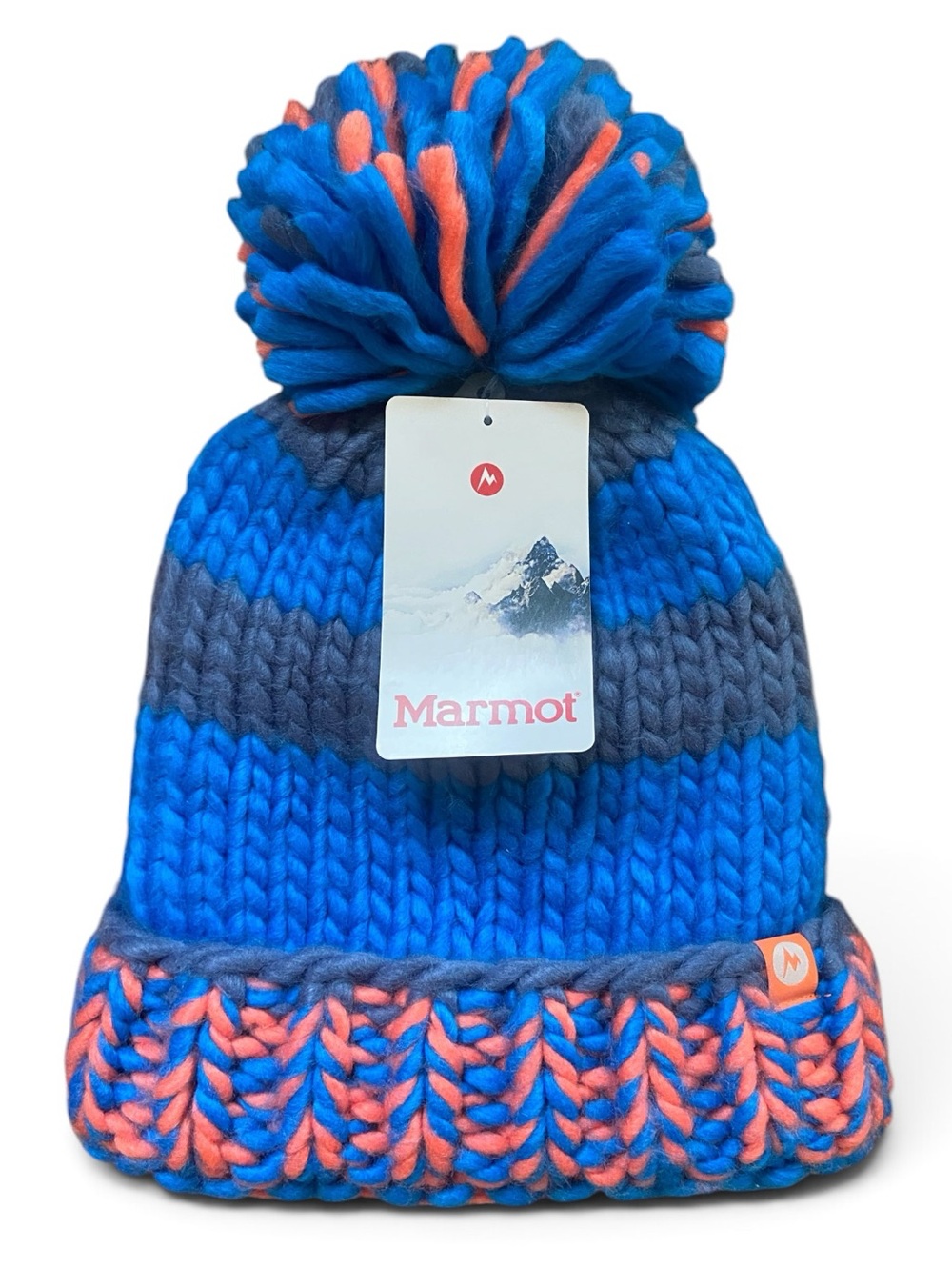 NWT MARMOT Women's Chunky Knit Winter Hat Beanie Pom Pom One-size Lined Blue New